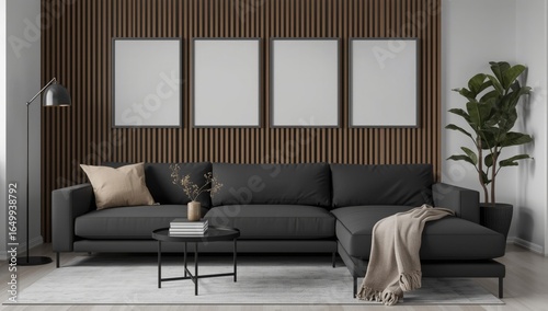 Modern living room with dark gray sectional sofa vertical wood paneled wall and four blank frames for art