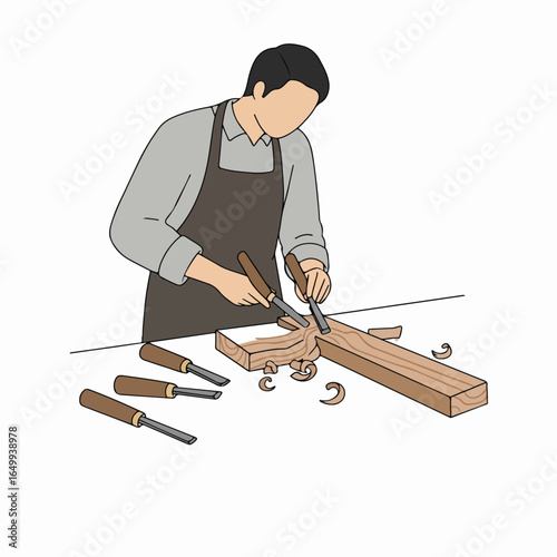 Skilled craftsman carves wood with chisels, creating intricate designs and shavings. A detailed illustration of traditional woodworking and carpentry artisan craft.