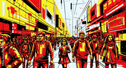A unified crowd marches forward in a striking red and yellow graphic art style cityscape.