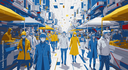 A stylized illustration of a bustling, futuristic city market filled with a crowd of people walking between stalls.