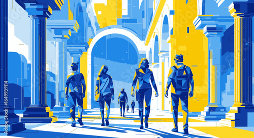 A stylized illustration of modern travelers exploring a historic city street with grand columns and arches, depicted in a striking blue and yellow graphic style.
