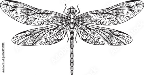 Detailed Hand-Drawn Dragonfly with Ornate Wings