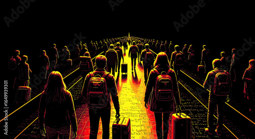 A large crowd of travelers with backpacks and luggage walking away on a glowing path into darkness.