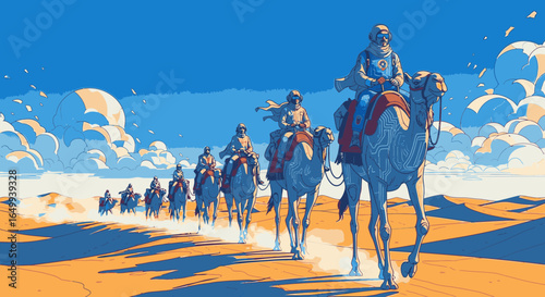 A stylized illustration of a desert caravan with riders on camels trekking across vast sand dunes.