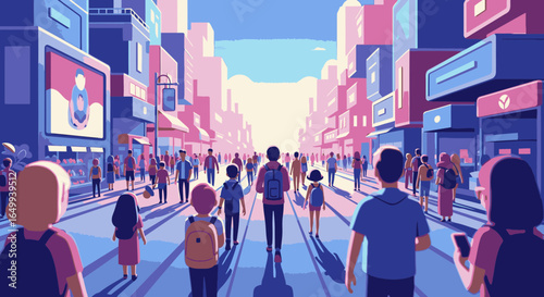 A stylized illustration of a diverse crowd walking down a sunlit, modern city street with long shadows.