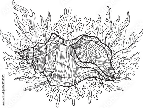 Hand-Drawn Conch Shell with Sea Plants