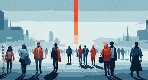 Anonymous figures walk through a blue-toned urban landscape illuminated by a single, bold orange ray.