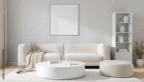 Serene living room with a plush sofa textured throw round coffee table and a tall shelving unit showcasing decorative items