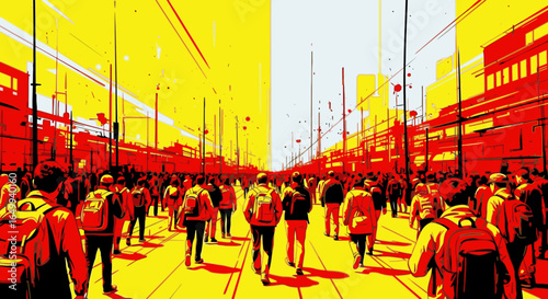 A stylized illustration of a large crowd walking down a city street, rendered in a bold red and yellow graphic art style.