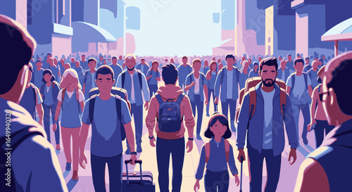 A stylized illustration of a large crowd of travelers with backpacks and luggage walking down a city street towards a bright light.