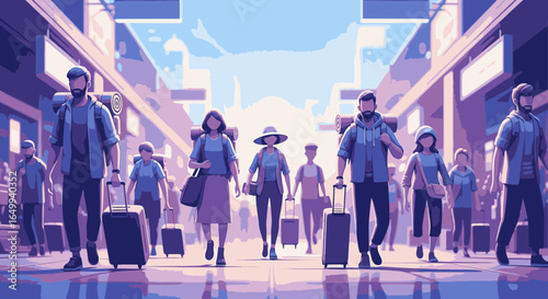 A diverse group of travelers with backpacks and rolling luggage walk through a bright, modern transportation terminal.