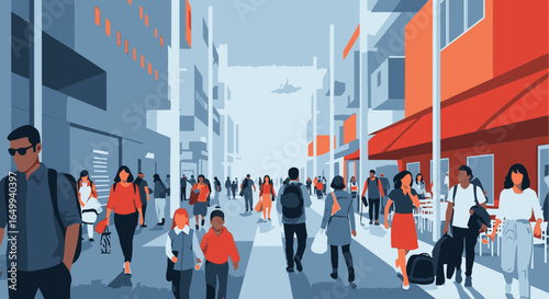 A stylized illustration of a diverse crowd of people walking down a busy modern city street.