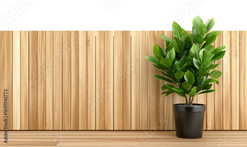 A vibrant green plant in a black pot sits against a warm wooden slatted background.