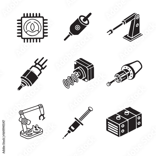 Collection of nine isometric black and white digital icons representing modern technology and industry elements in a clean silhouette style