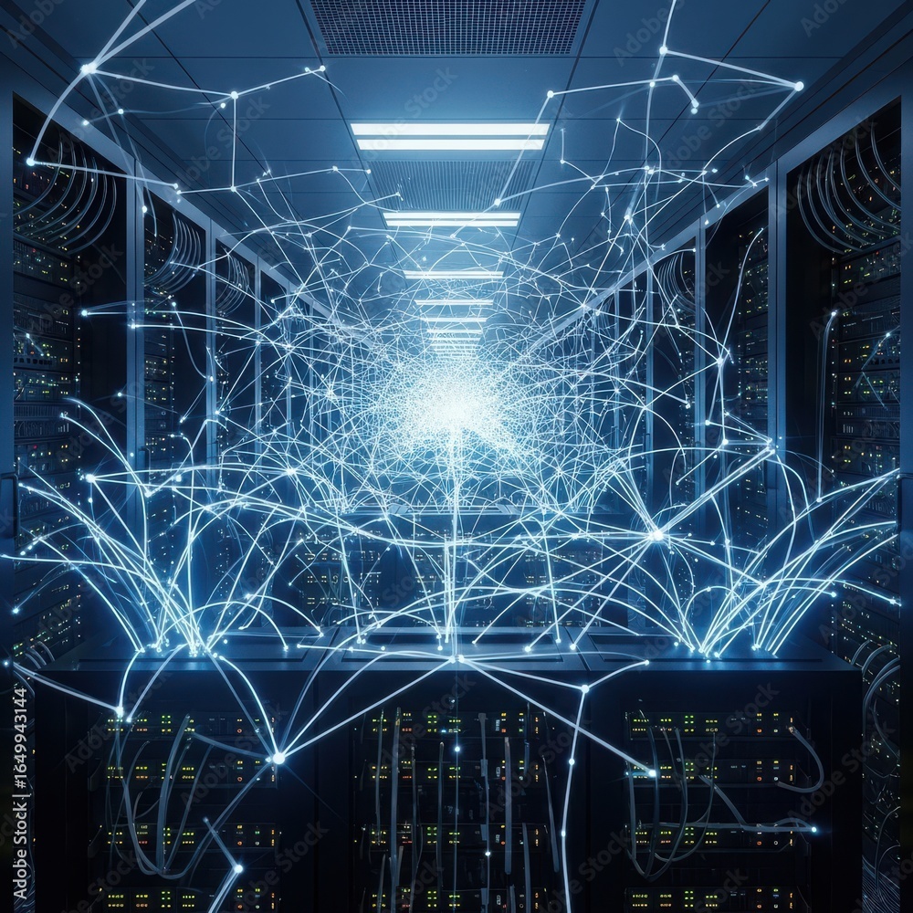 Obraz premium Data center conceptual with server racks connected by data streams visualization