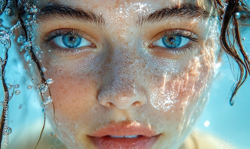 Close-up of a woman's face, partially submerged in water.