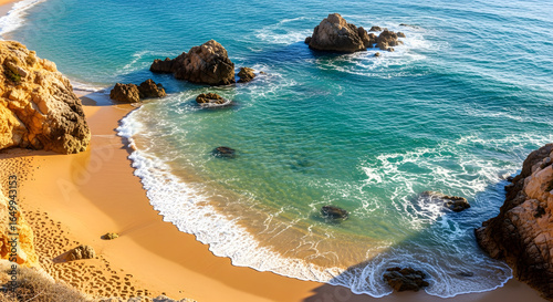 Secluded coastal enclave with crystalline water gently embracing the golden sands, punctuated by rugged rock formations and sun-kissed shorelines offering an idyllic view