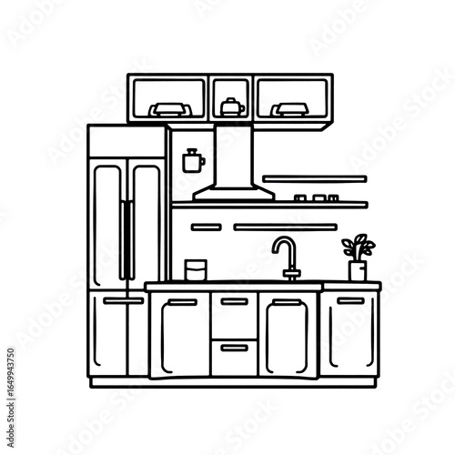 Vector illustration of minimalist kitchen design with complete appliances.