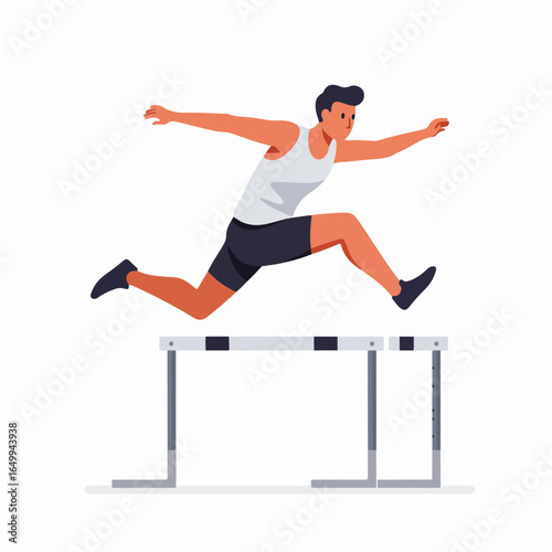 Determined male athlete demonstrating agility and focus while successfully jumping over a hurdle, showcasing speed and athletic prowess in track and field.