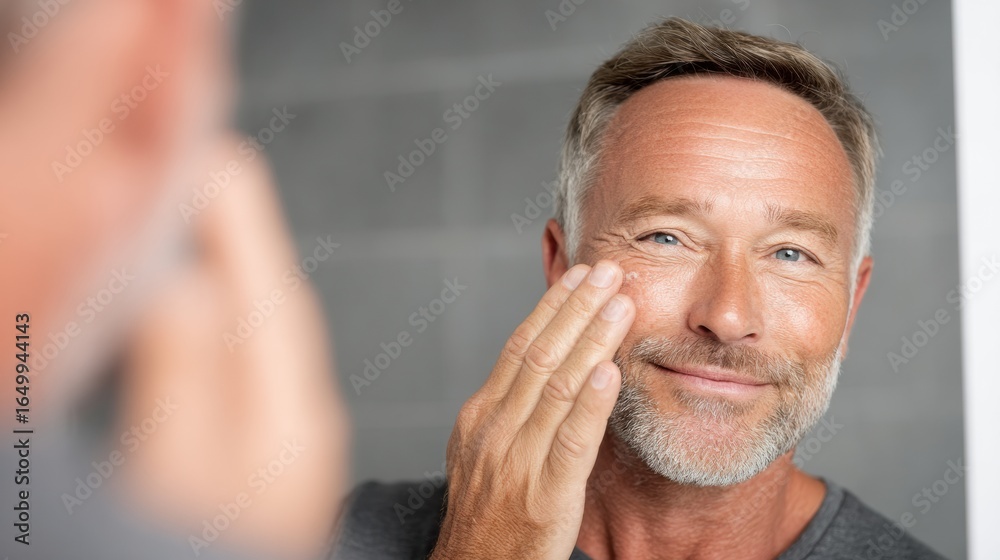 Obraz premium Man Applying Skincare Product While Smiling in Modern Bathroom Mirror During Morning Routine