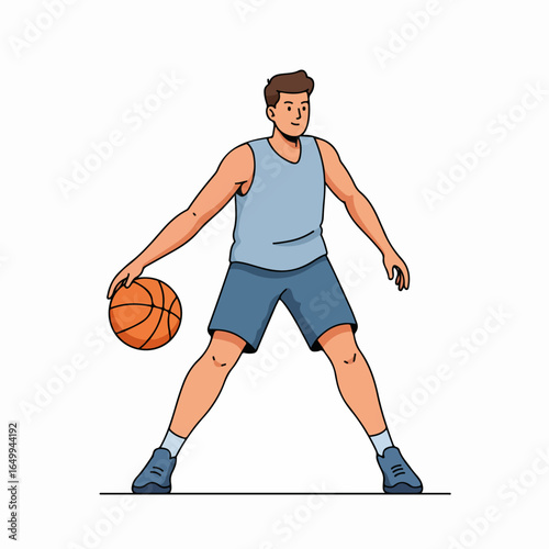 Cartoon illustration of a young man playing basketball, dribbling the ball. Isolated vector artwork on white background.