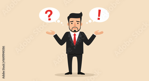 Confused businessman shrugging shoulders with question and exclamation marks above head representing doubt and uncertainty in decision making