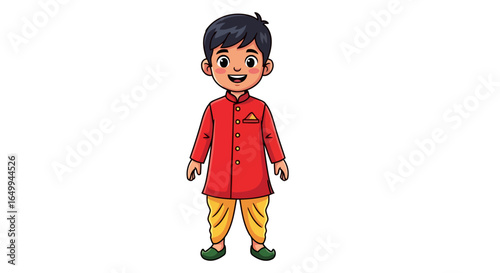 Smiling Indian boy in traditional red kurta and yellow dhoti pants, isolated on white