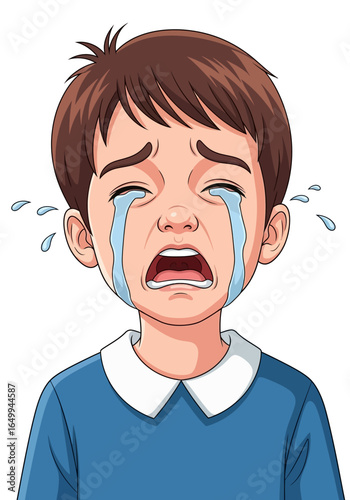 Distraught animated boy shedding many tears, portraying a moment of intense sadness and emotional vulnerability, isolated on a white background, symbolizing childhood sorrow.