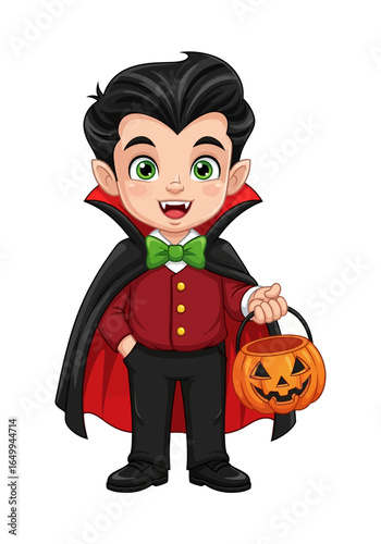Cute little boy in a vampire costume holding a jack-o-lantern bucket for Halloween trick or treating, cartoon vector illustration.
