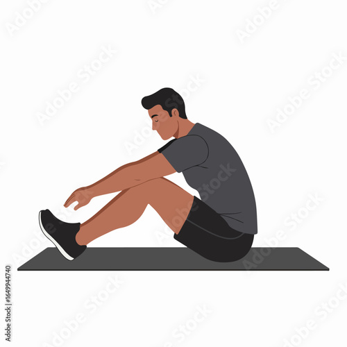 Man performing seated forward fold stretch on yoga mat for flexibility and fitness in a flat illustration.
