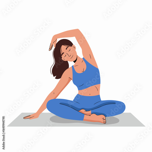 Woman practicing a side bend stretch on a yoga mat, embodying fitness, wellness, and relaxation through mindful exercise.