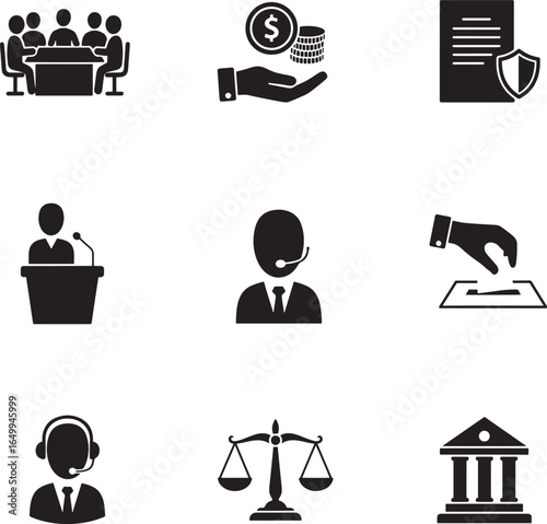 Collection of nine black and white icons representing legal and business concepts