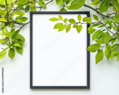 Black frame with empty white space, surrounded by vibrant green leaves and branches on a plain white backdrop. Suggests nature-inspired display or botanical artwork presentation
