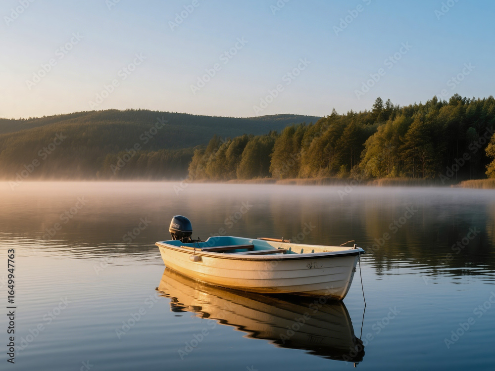 A small motor boat floating on a calm lake surrounded by mist and forest at sunrise. Perfect for themes of tranquility, fishing, outdoor adventure, nature landscape, and peaceful morning scenery A small motor boat floating on a calm lake surrounded by mist and forest at sunrise. Perfect for themes of tranquility, fishing, outdoor adventure, nature landscape, and peaceful morning scenery