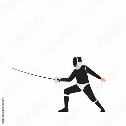 Flat Vector Illustration of a Fencer in Black and White Uniform with Mask and Sword, Isolated on a White Background in an Action Pose.