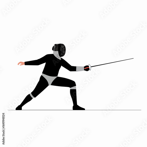 Minimalist vector illustration of a fencer in black uniform with a foil, poised for action on a white background.