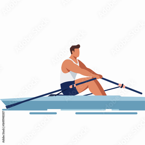 Male rower in a scull illustration. Man performing rowing exercise on water. Flat design sports vector graphic.