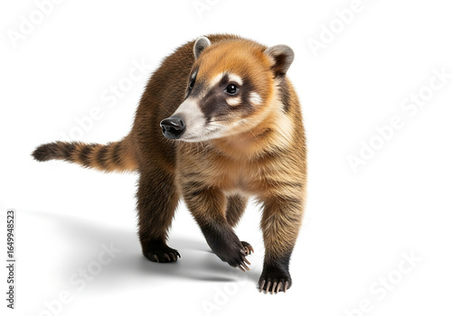 A close up of a coati walking on a white background with its tail extended and looking to the left