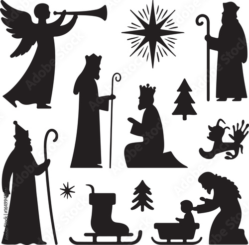 Black silhouette nativity scene figures and Christmas elements angel trumpet