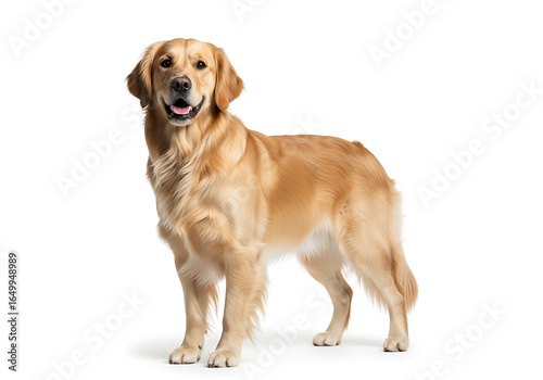 A golden retriever dog standing on a white background looking at the camera with a happy expression