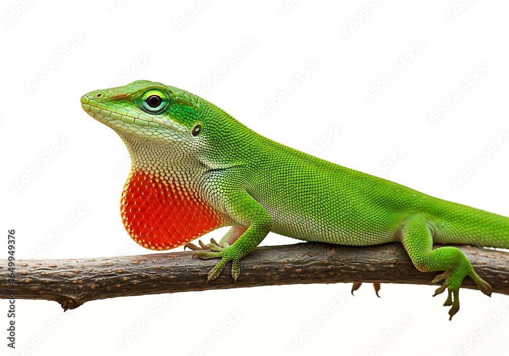 Fototapeta premium A green anole lizard perched on a branch displaying its vibrant red dewlap against a white background