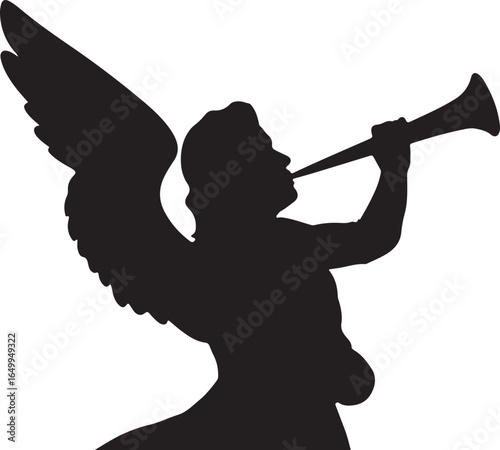 Black silhouette of an angel blowing a trumpet with large wings vector 1