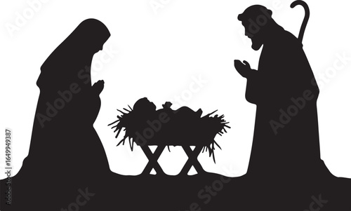 Black silhouette of Mary Joseph and baby Jesus in manger nativity scene