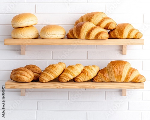 Two wooden shelves stacked against a white brick wall, displaying various pastries, including buns and croissants