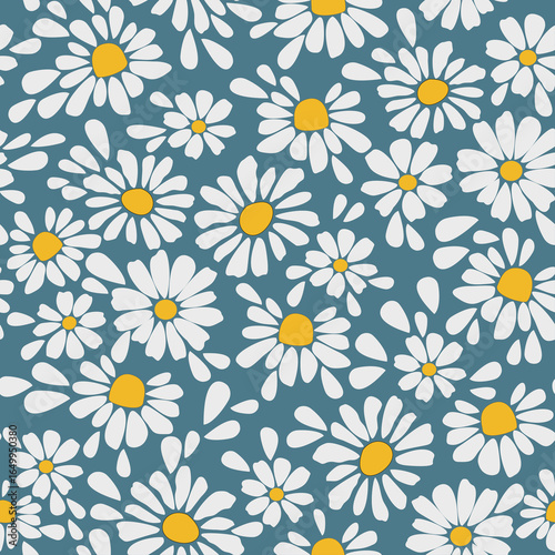 Seamless floral pattern with camomiles and white petals on blue background. Could be used as wallpaper, texture, print, fabric. 