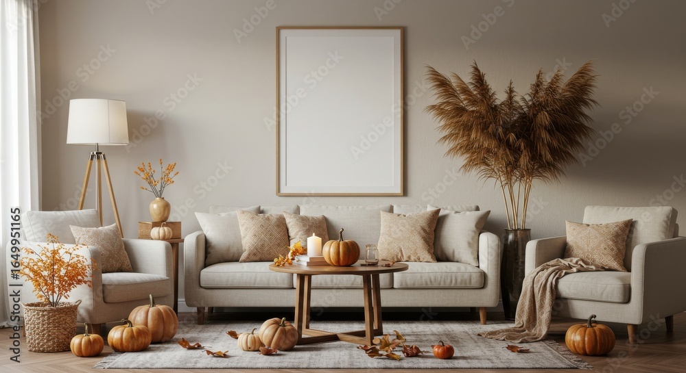 custom made wallpaper toronto digitalAutumn decor interior home living room mockup frame pumpkin fall cozy thanksgiving seasonal decoration sofa furniture halloween holiday orange warm farmhouse