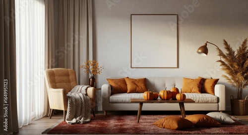 Fototapeta Naklejka Na Ścianę i Meble -  Autumn interior living room mockup frame home decor pumpkin fall cozy furniture sofa armchair thanksgiving holiday seasonal decoration yellow orange poster