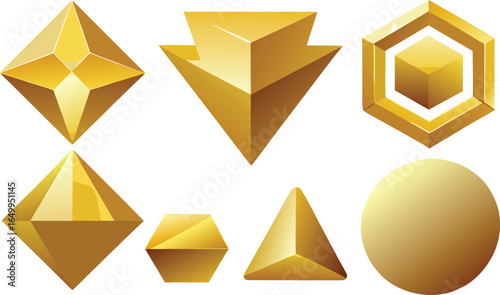 Shiny Gold Geometric Shapes Vector Set – Metallic 3D Glossy Icons for Luxury Design and Decoration