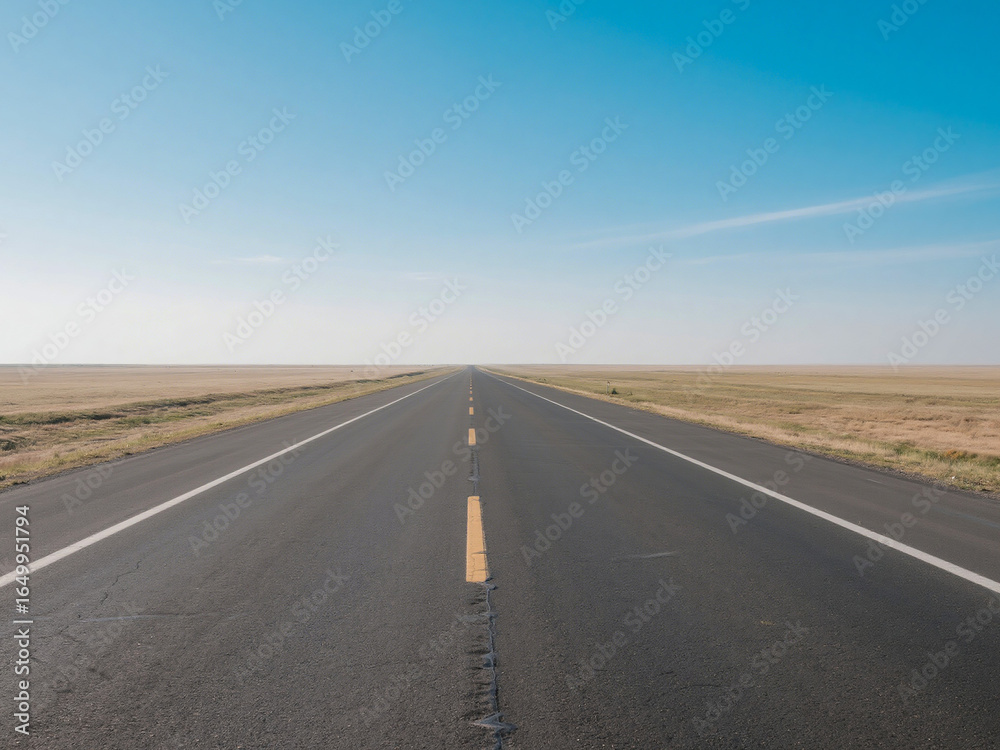 Naklejka premium An empty asphalt road stretching straight into the horizon with a clear blue sky above. Perfect for concepts of travel, freedom, future journey, motivation, adventure, long road trips, and exploring