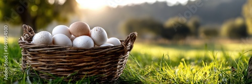 A basket full of eggs is sitting on a grassy field